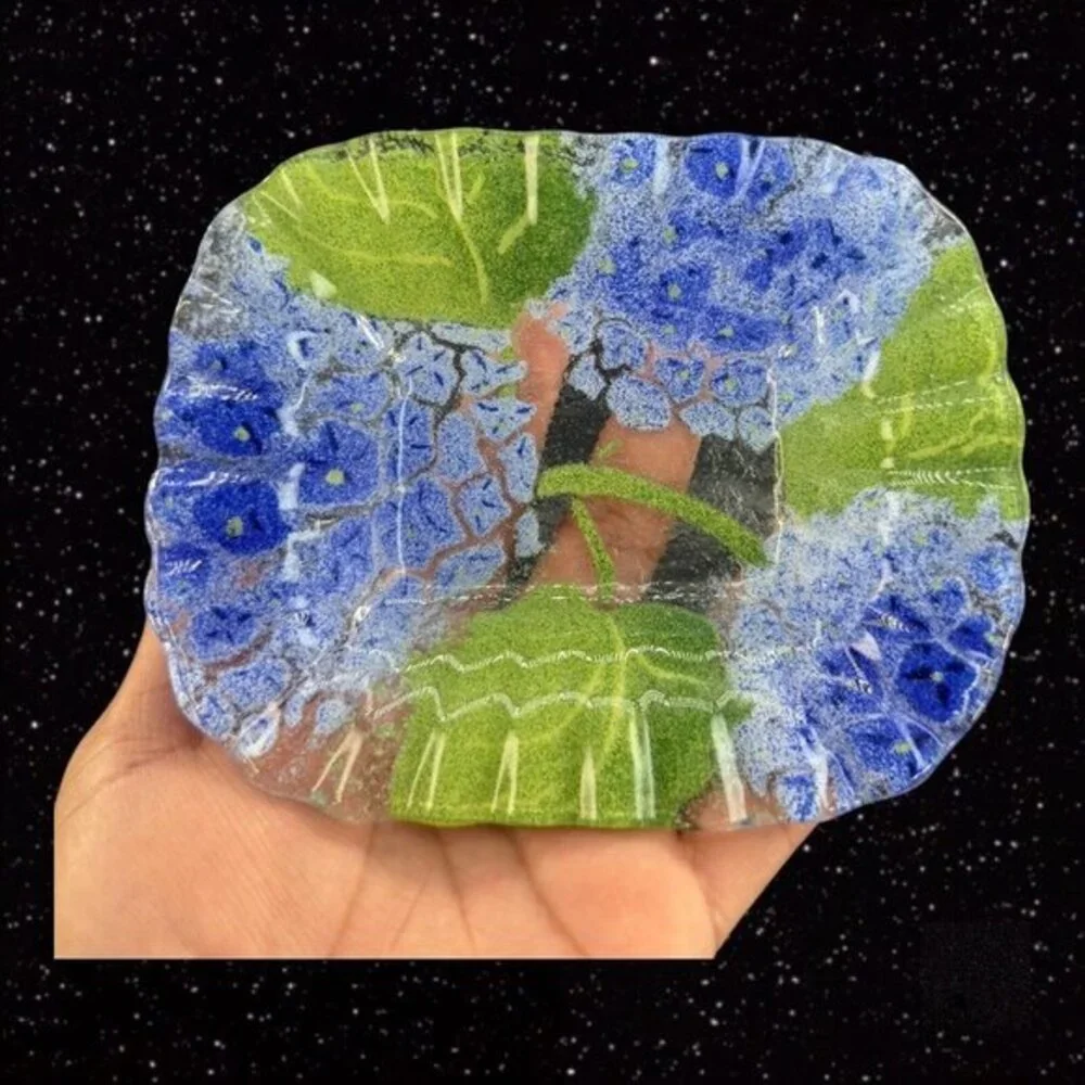 Fused Art Glass Dish Plate‎ Ruffled Edges Blue Flowers Glass Trinket Dish 6”Wide